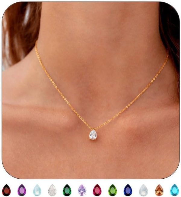 18K Gold Plated Birthstone Necklace for Women Dainty Diamond Teardrop Necklaces Emerald Green  Pendant Necklace Birthday Gift for Women Jewelry