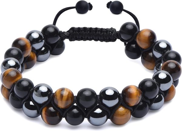 Triple Protection Bracelet, Genuine Tigers Eye Black Obsidian and Hematite 8mm Beads Bracelet for Men Women, Crystal Jewelry Stone Bracelets Christmas Gifts for Men Bring Luck Prosperity