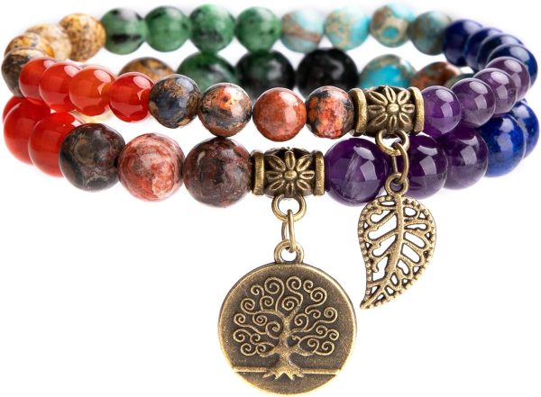 Natural Semi Precious Gemstone beads bracelet for women - Life Tree and Leaf Charm Energy Reiki Crystal Stretch Bracelets, Stocking Stuffers for Women