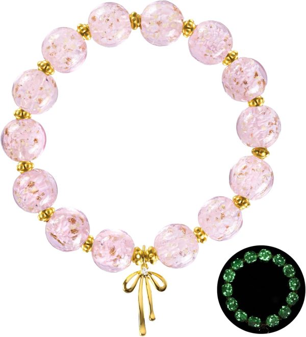 Glass Beaded Bracelet Bow Charm Bracelet for Women Gold Colored Handmade Preppy Bracelet Stretch Romantic Jewelry Gift